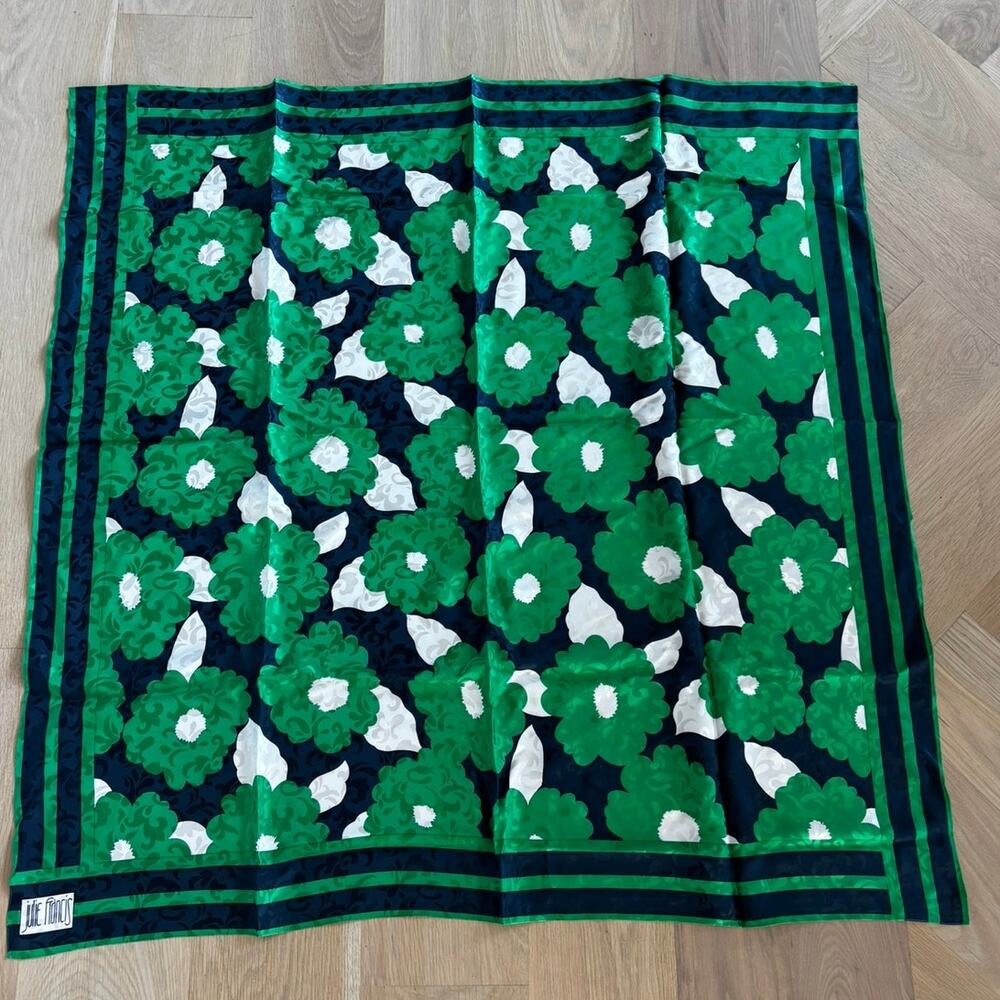 Vintage Julie Francis Floral Square Scarf Green Navy White Large Retro